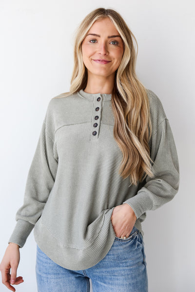 sage green Corded Henley Top