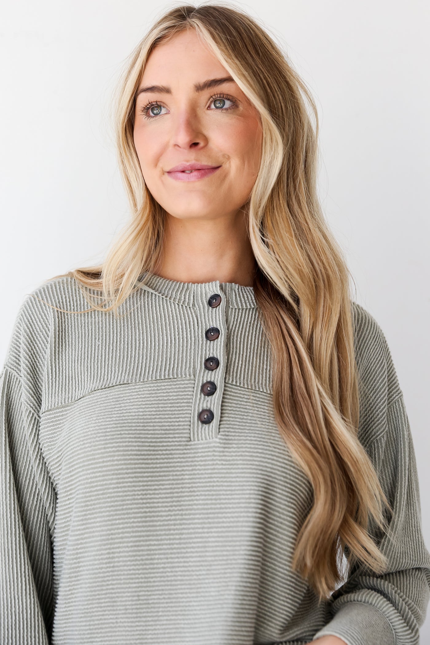 casual sage green Corded Henley Top