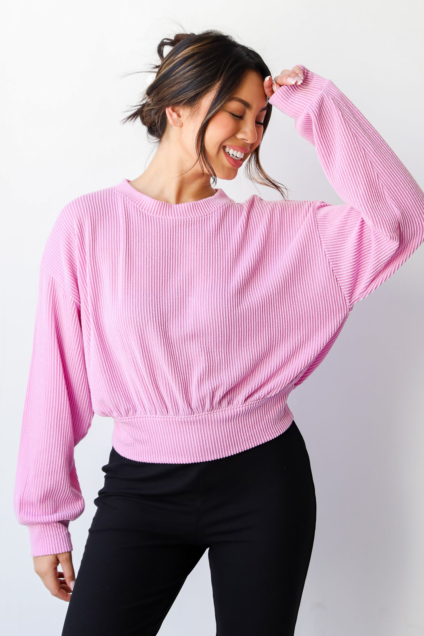 lavender Cropped Corded Pullover on model
