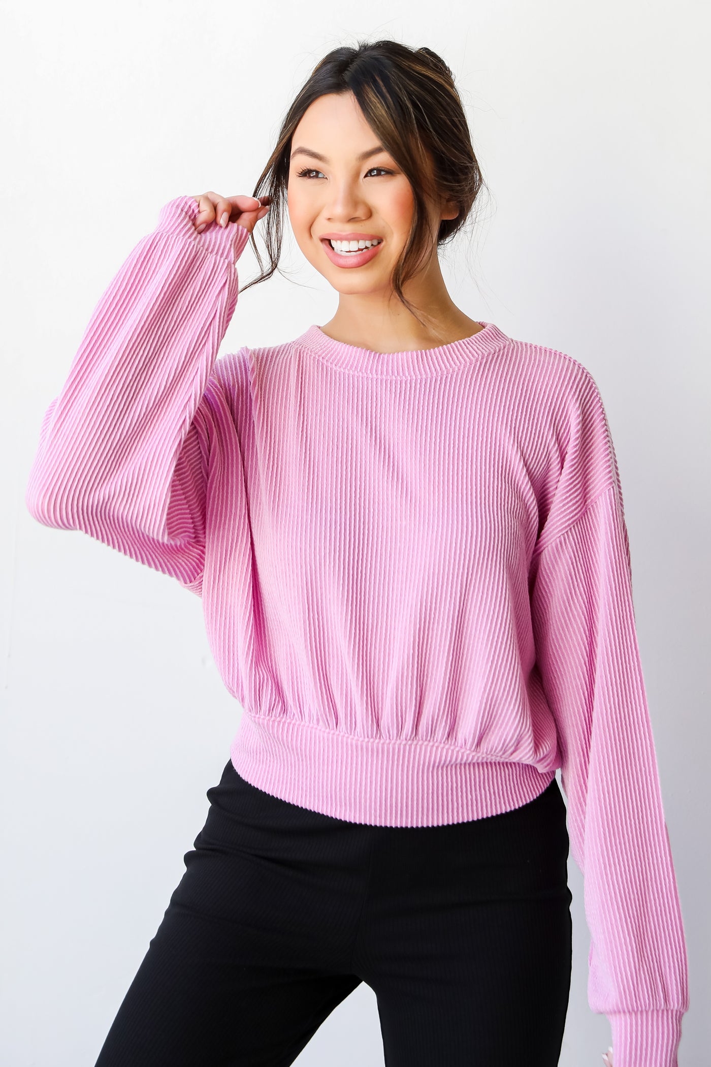 lavender Cropped Corded Pullover front view