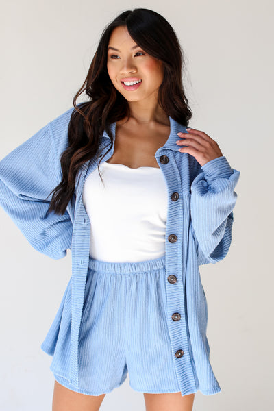 blue Ribbed Knit Button-Up Top front view