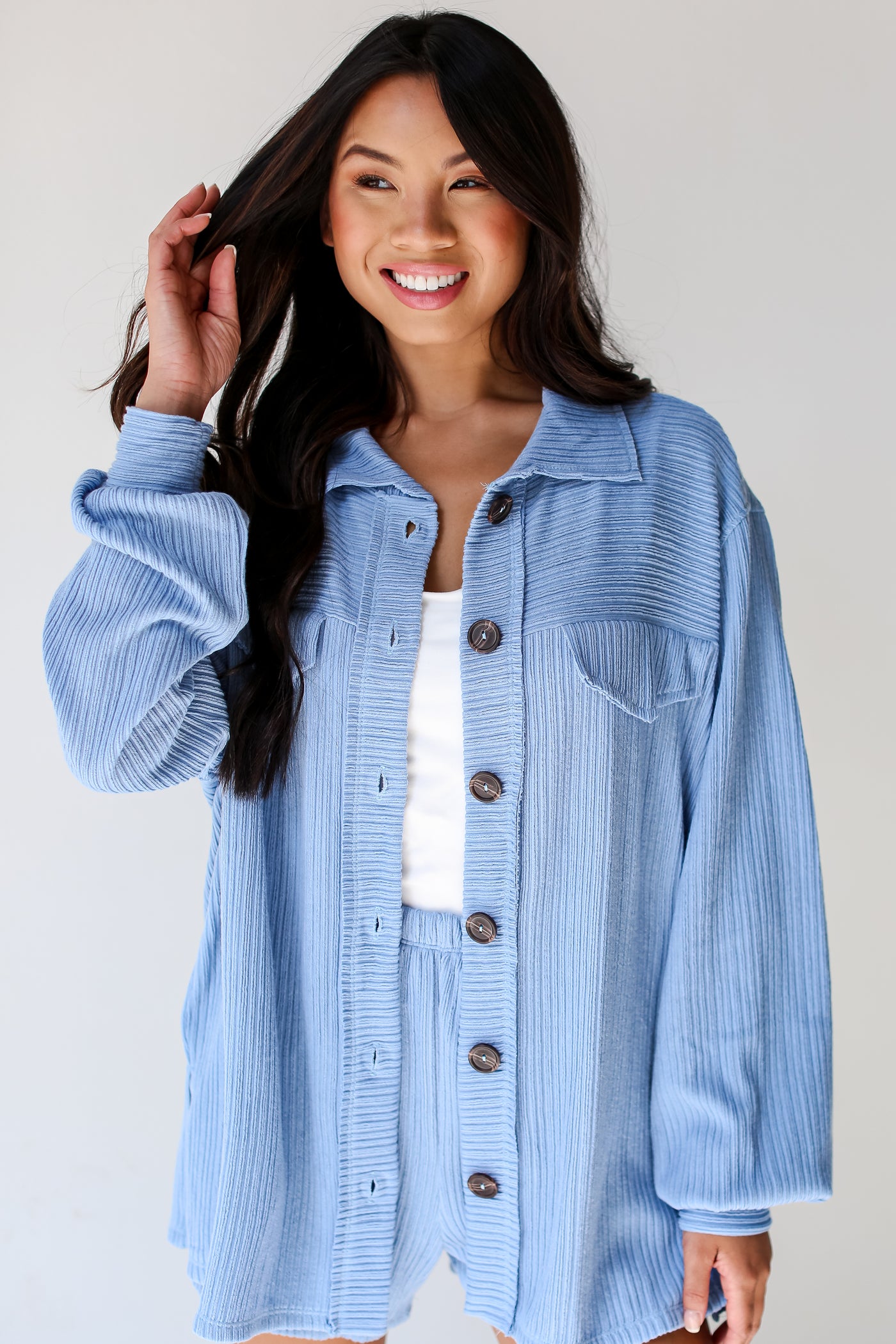 blue Ribbed Knit Button-Up Top on dress up model
