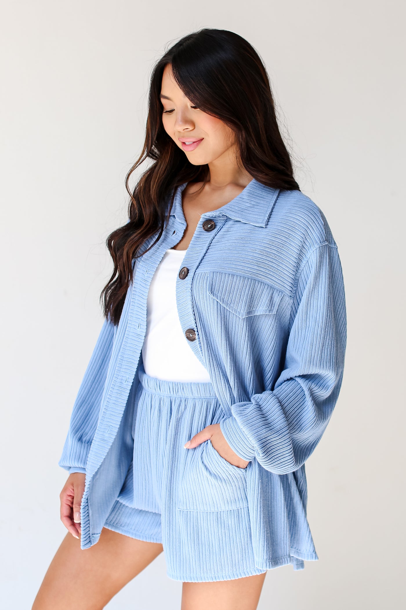 blue Ribbed Knit Button-Up Top side view