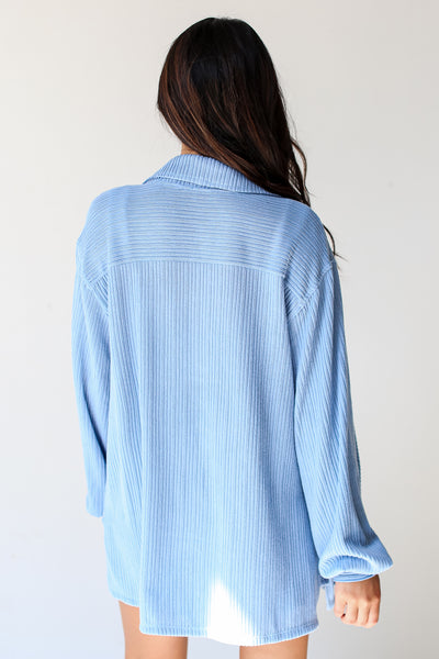 blue Ribbed Knit Button-Up Top back view