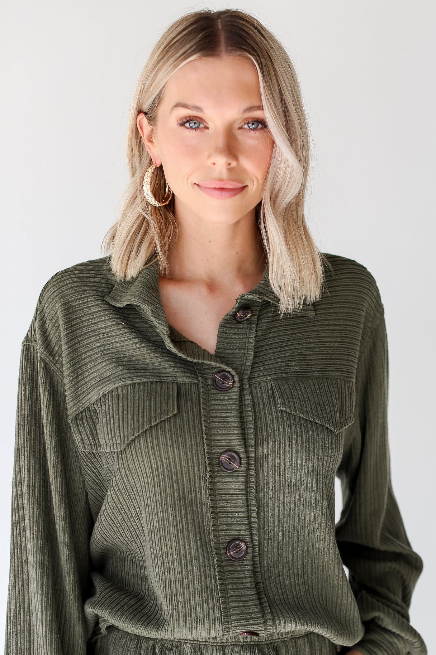 olive Ribbed Knit Button-Up Top close up