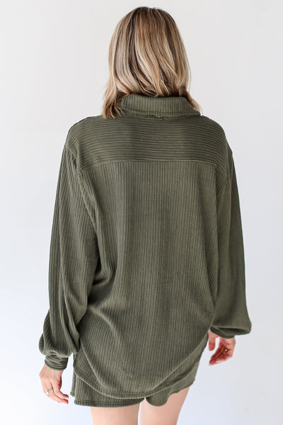 olive Ribbed Knit Button-Up Top back view