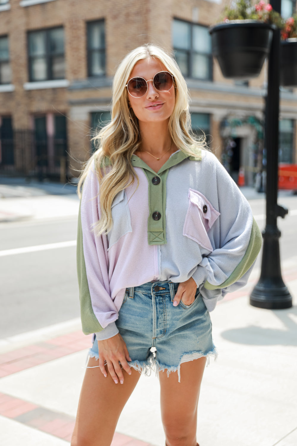 Color Block Oversized Collared Top on model