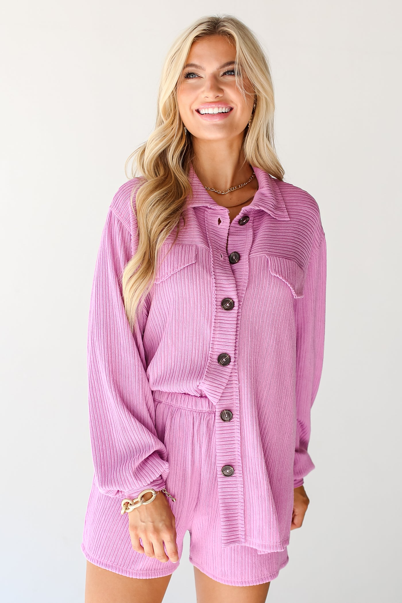 lavender Ribbed Knit Button-Up Top front view