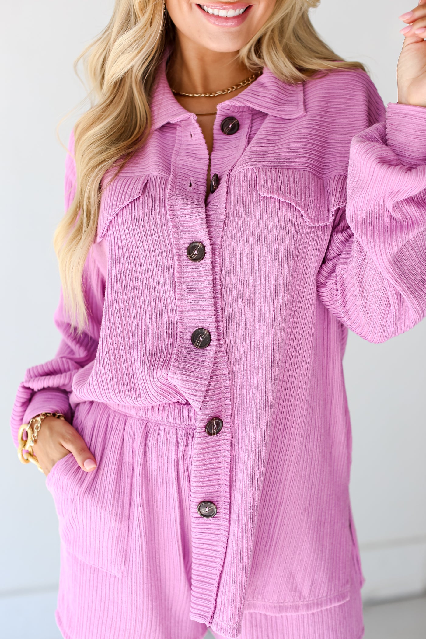 lavender Ribbed Knit Button-Up Top close up