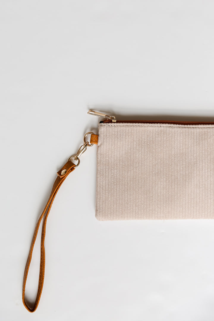 Beige Corduroy Wristlet close up