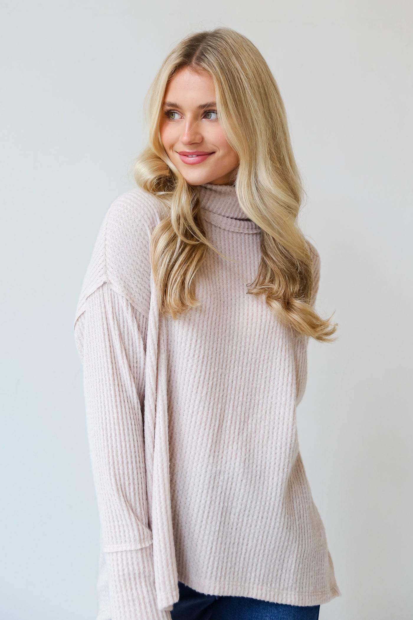 Natural Cowl Neck Brushed Waffle Knit Top on model