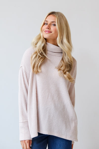 Natural Cowl Neck Brushed Waffle Knit Top front view