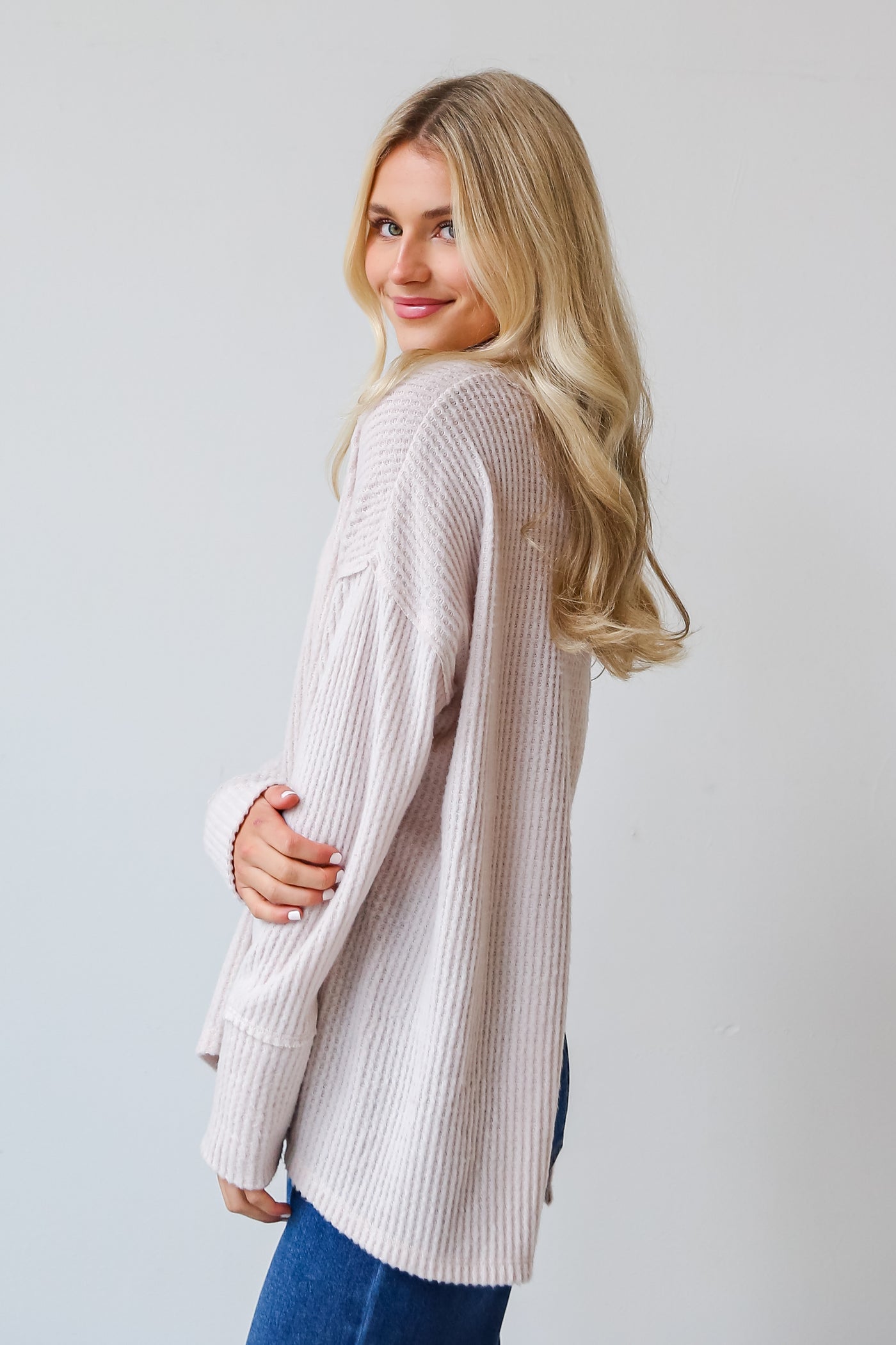 Natural Cowl Neck Brushed Waffle Knit Top side view