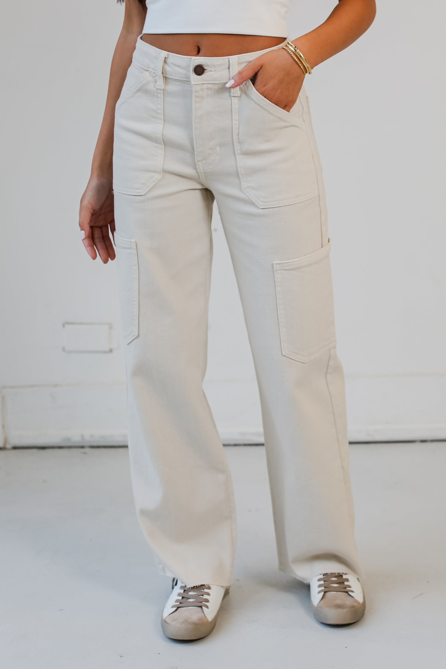 Cream Cargo Jeans front view