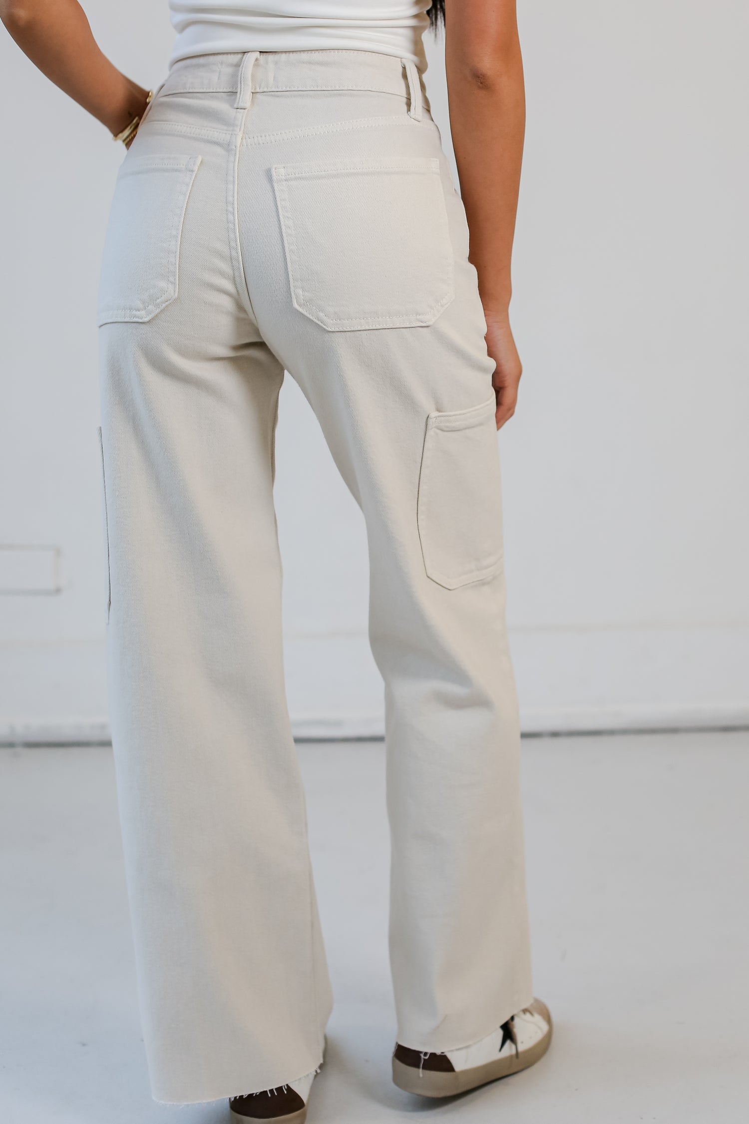 trendy Cream Cargo Jeans back view