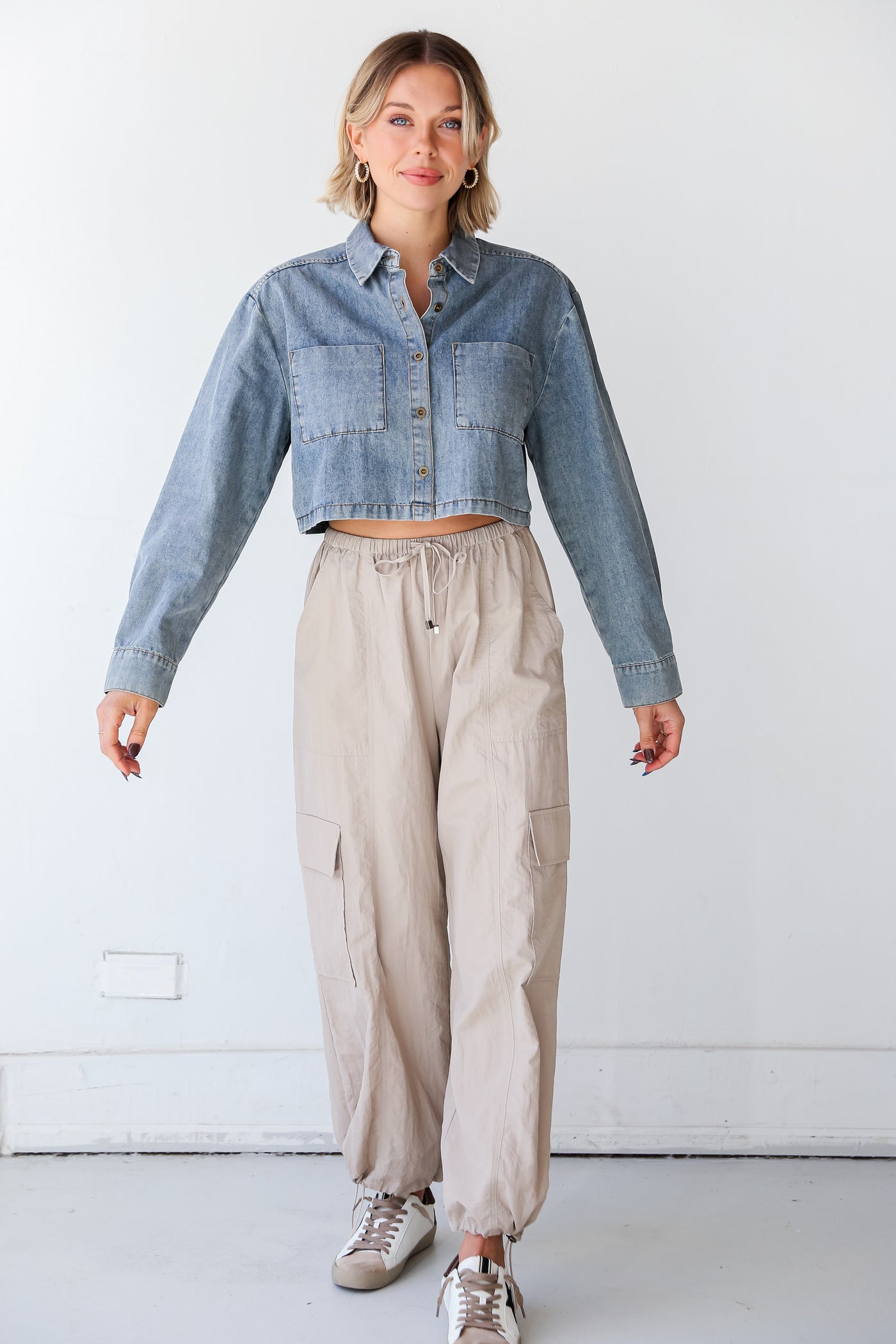 Taupe Cargo Pants on model