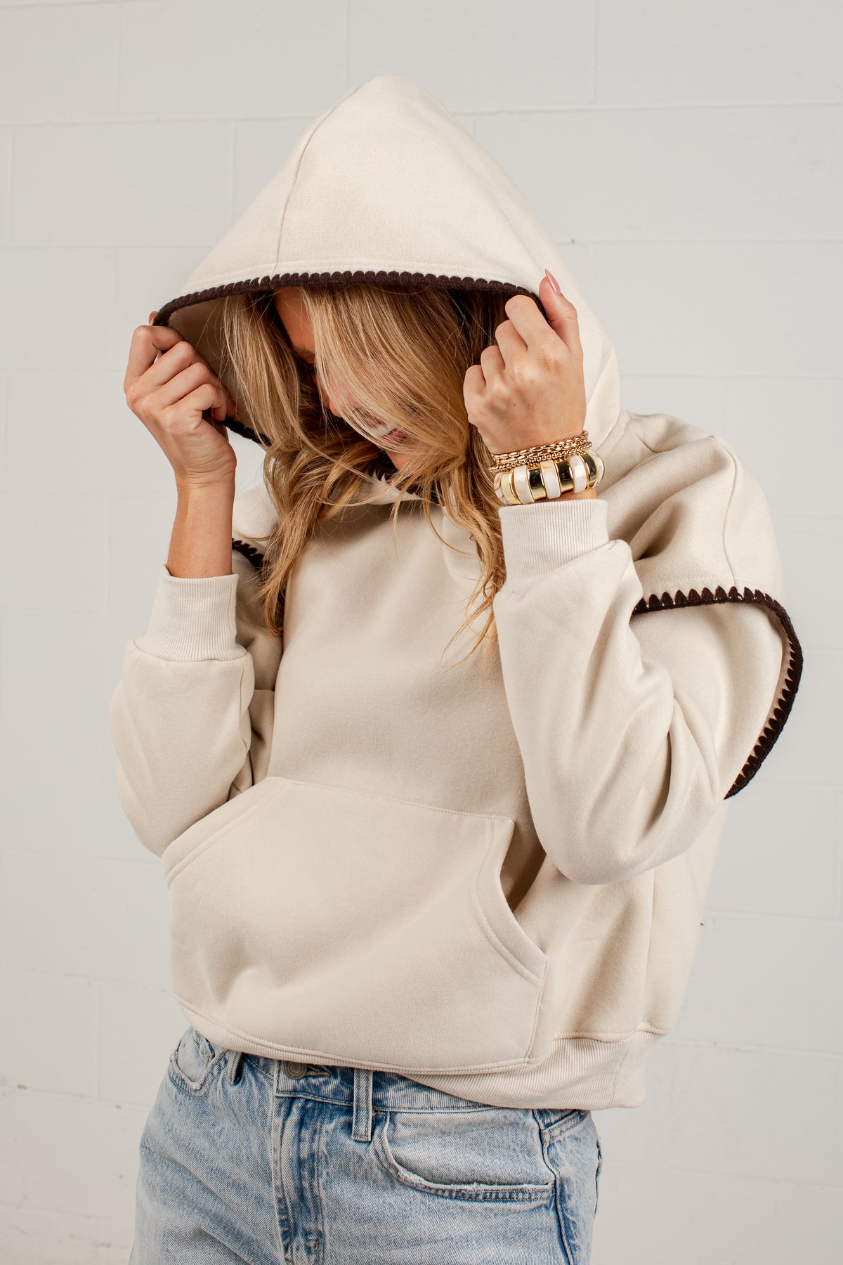 Stitch Of Cozy Cream Contrast Trim Hoodie