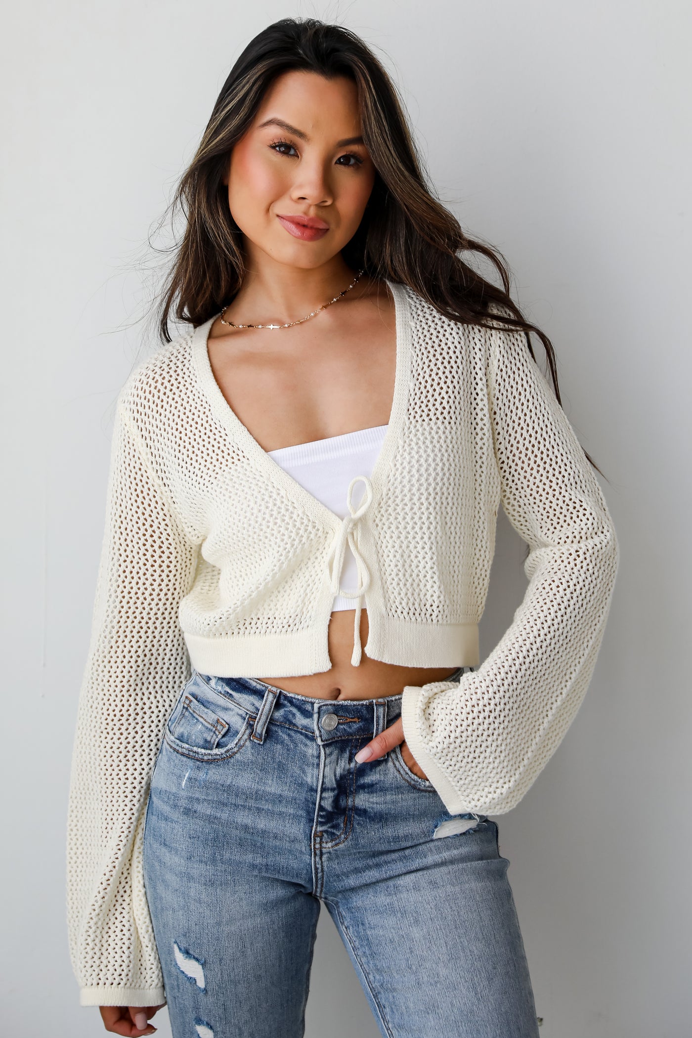 cropped Ivory Crochet Knit Top