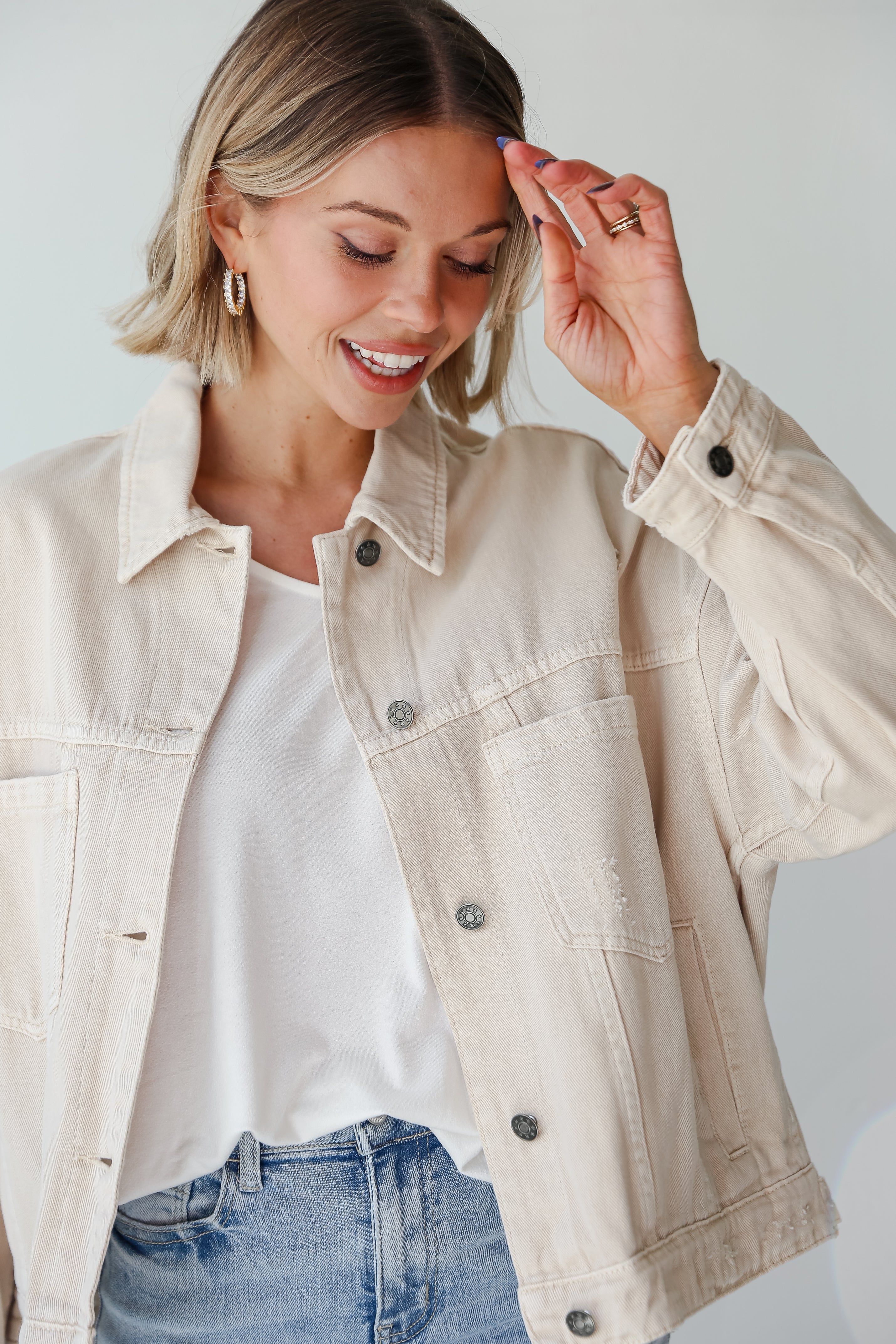 Long white denim jacket womens hotsell