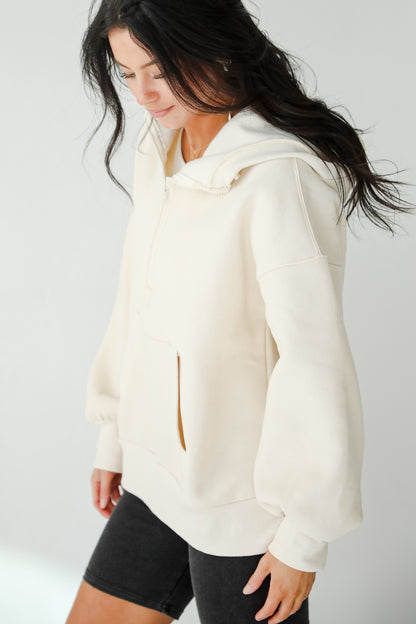 Cozy Delight Cream Fleece Quarter Zip Hoodie