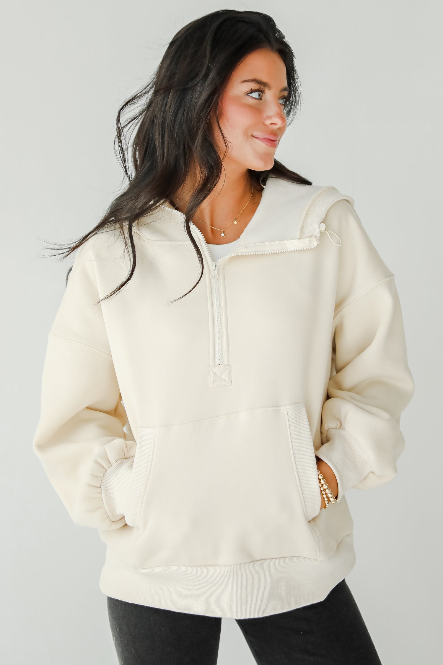 Cozy Delight Cream Fleece Quarter Zip Hoodie