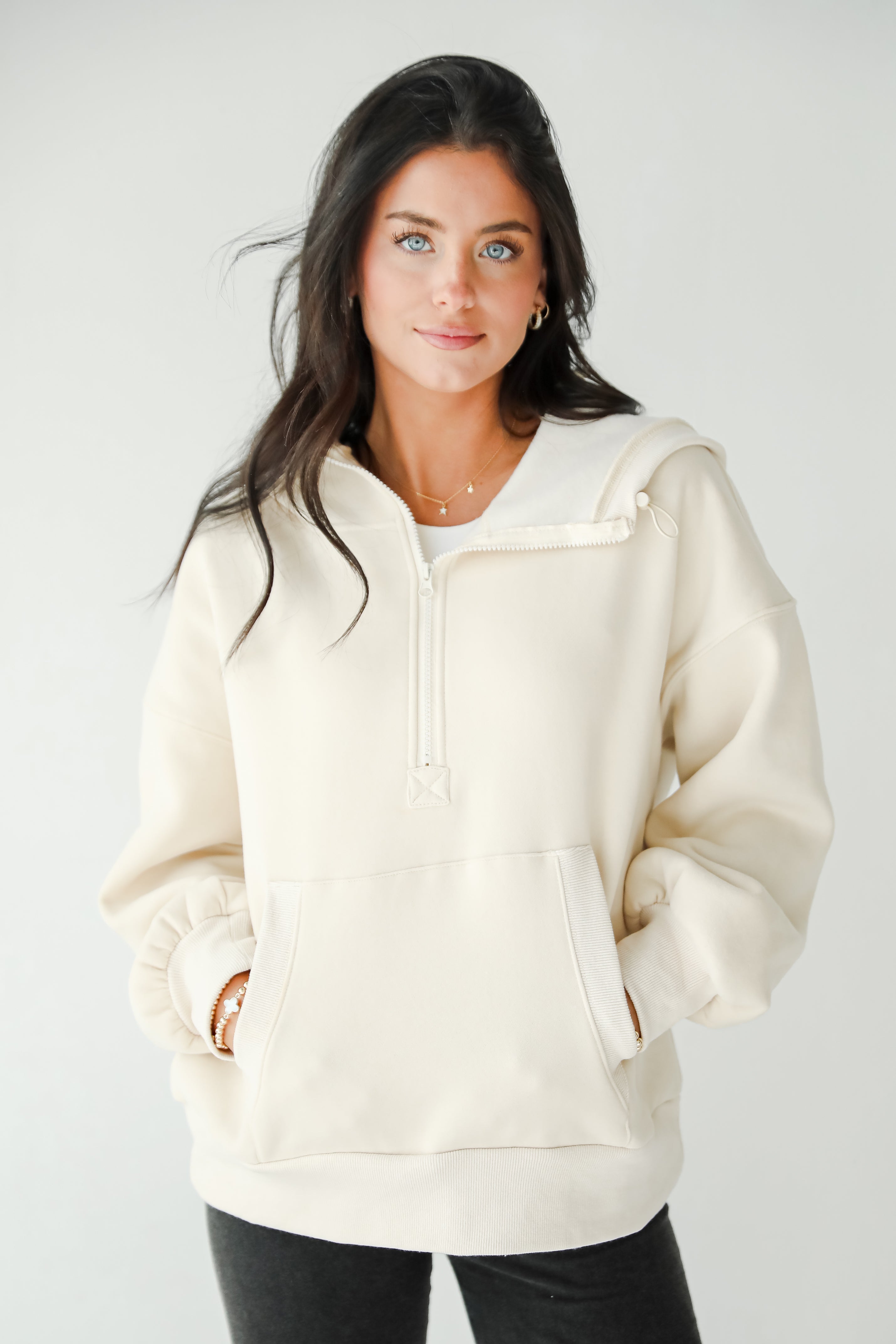 Cozy Delight Cream Fleece Quarter Zip Hoodie