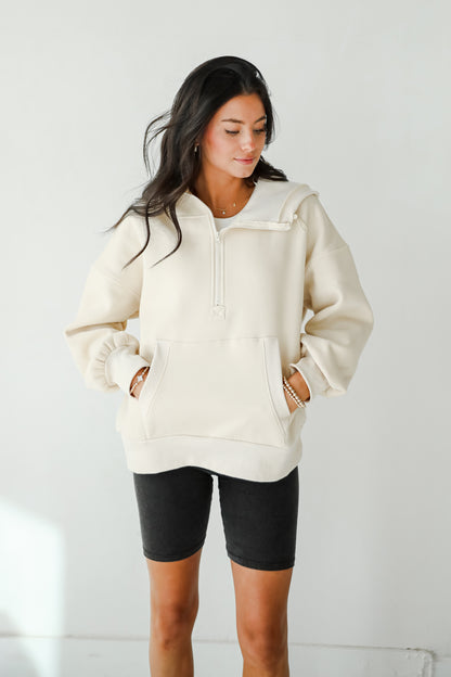 Cozy Delight Cream Fleece Quarter Zip Hoodie