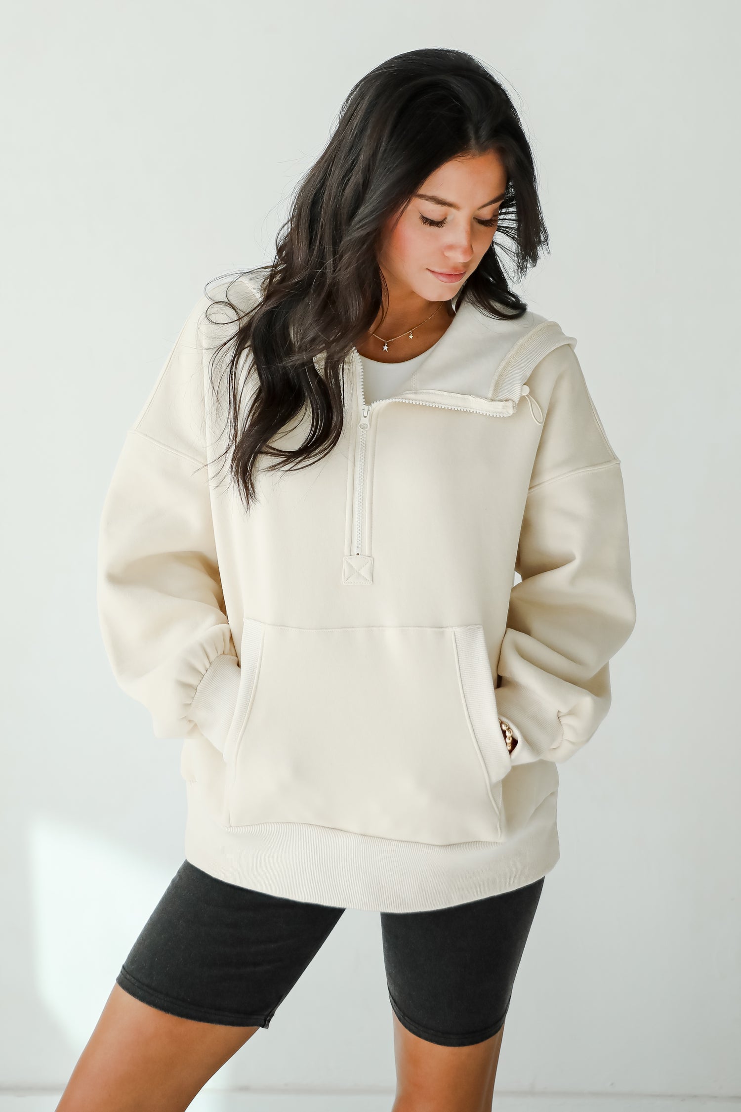 Cozy Delight Cream Fleece Quarter Zip Hoodie