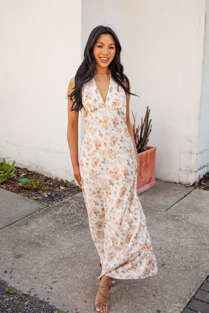 Cream Floral Halter Maxi Dress | Trendy Women's Dress