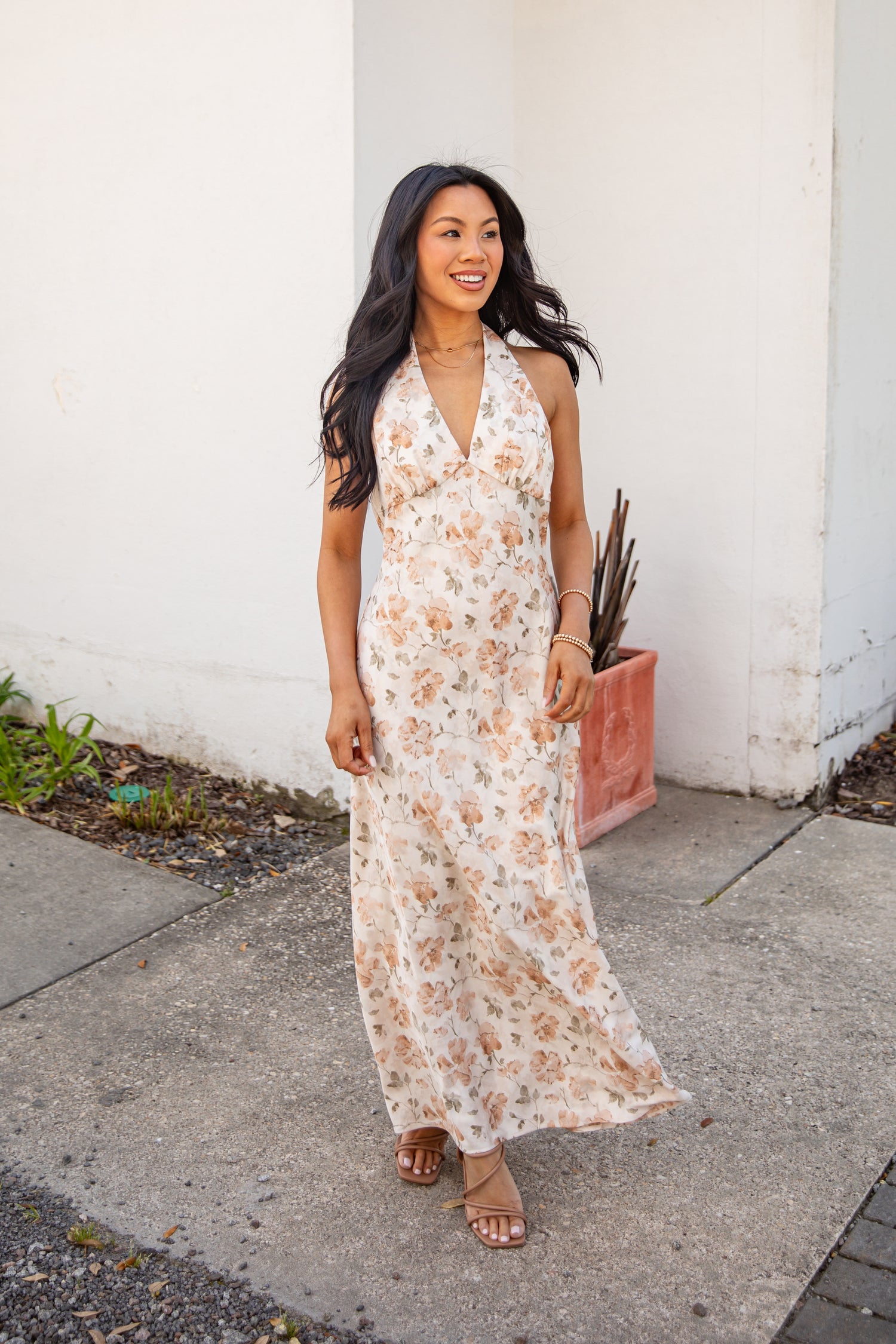 Cream Floral Halter Maxi Dress | Trendy Women's Dress