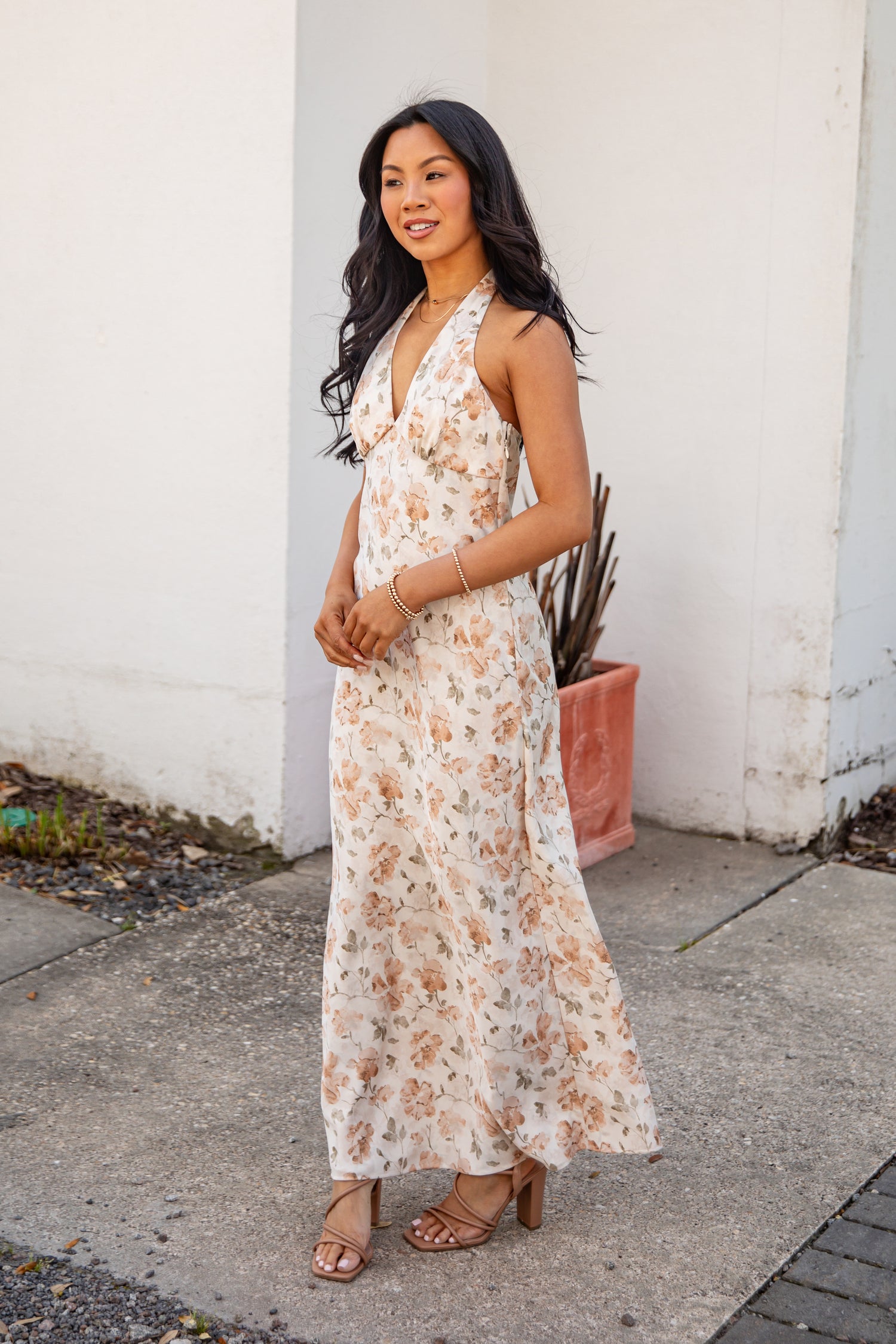 brown and cream floral dress Ditsy Floral Embroidered Dress in Cream main image 0