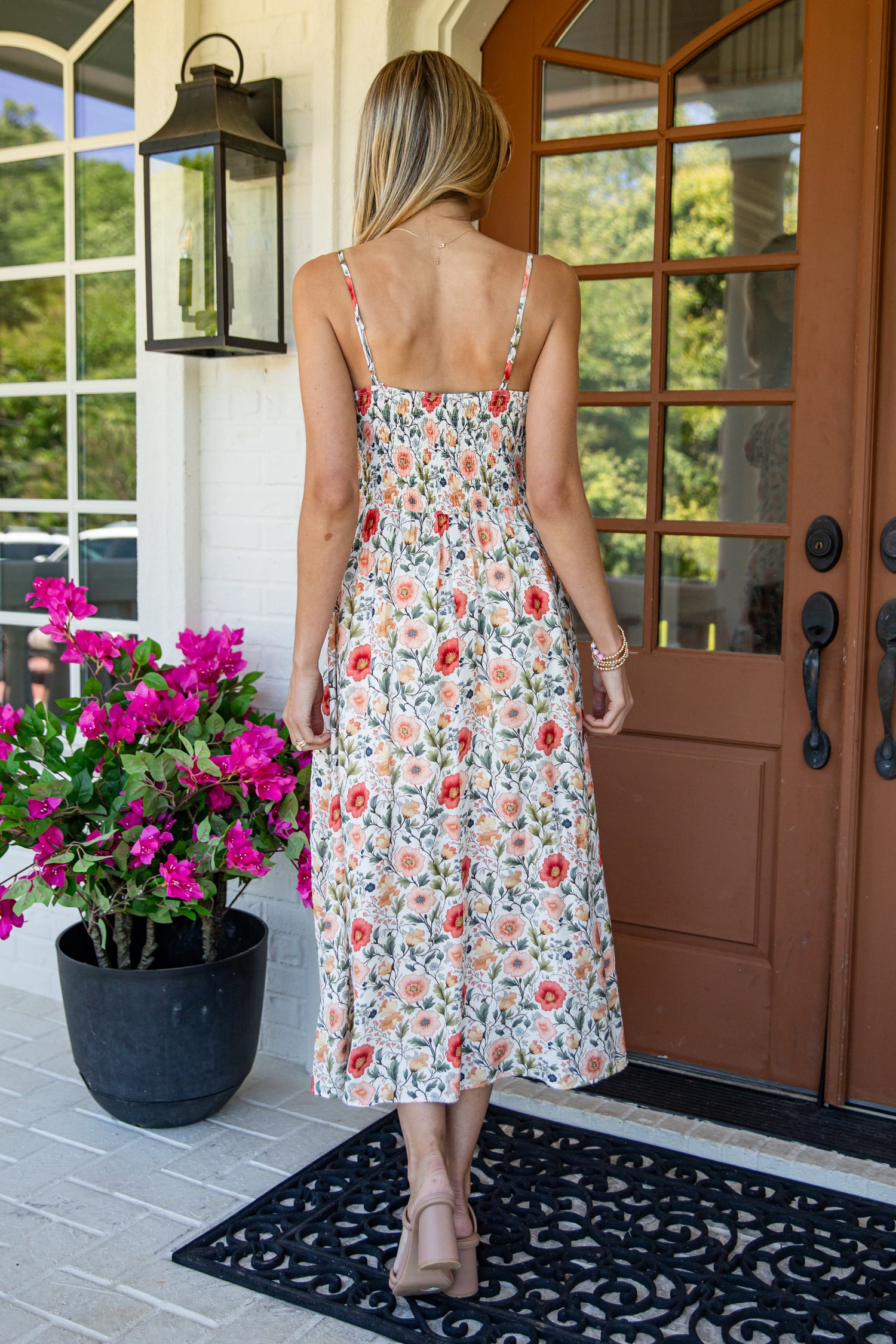 red and cream floral dress Willow Grace Midi Dress