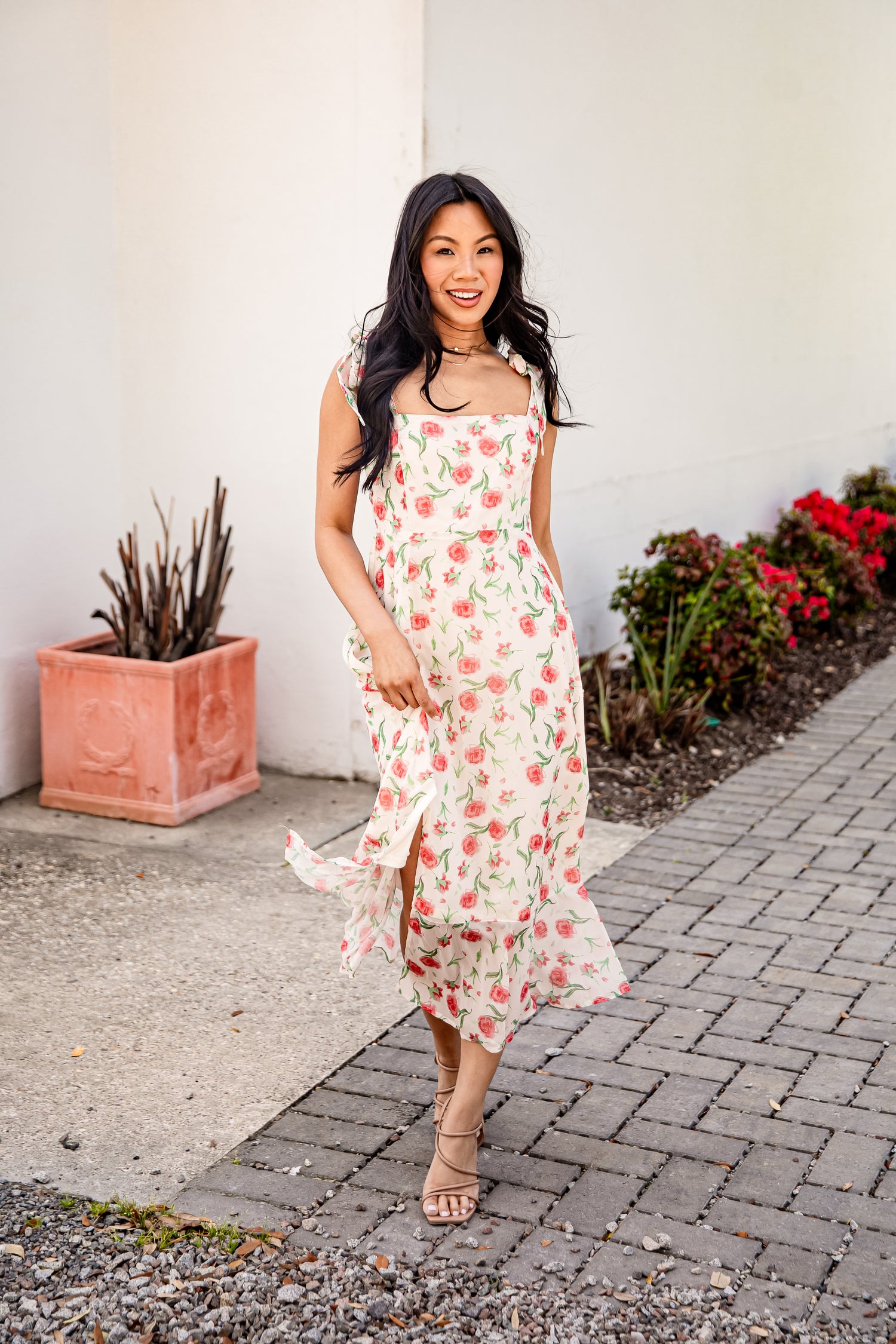 cream flower dress Mac Duggal Floral Embroidered Illusion V-Neck Gown