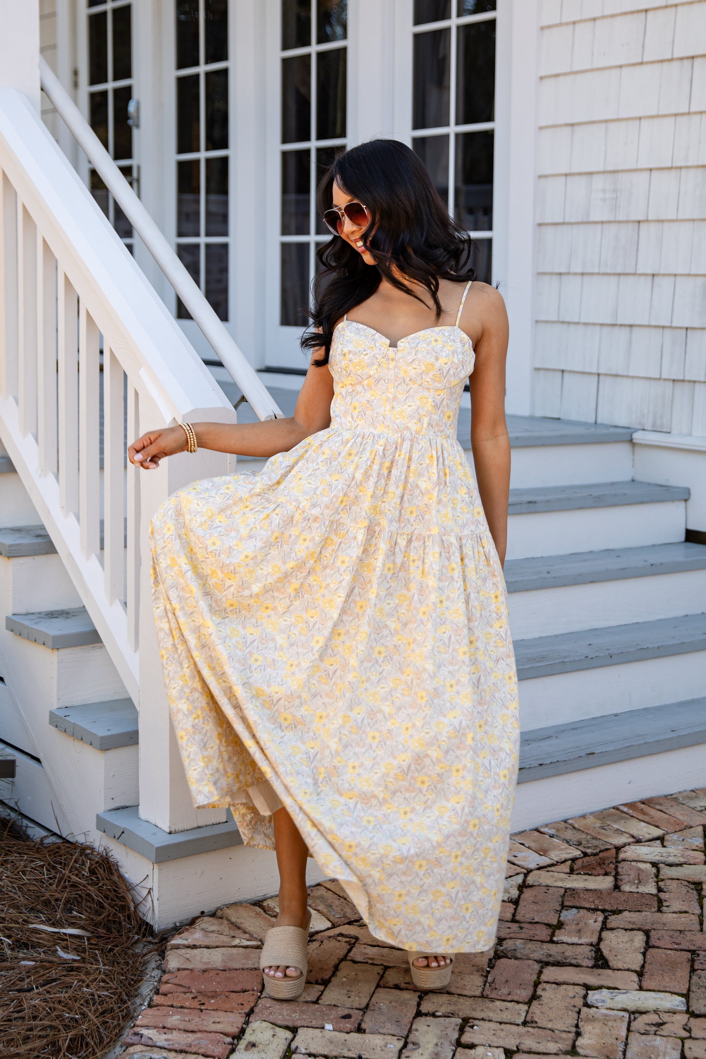 Sunlit Meadow Cream Floral Midi Dress | Trendy Women's Dress