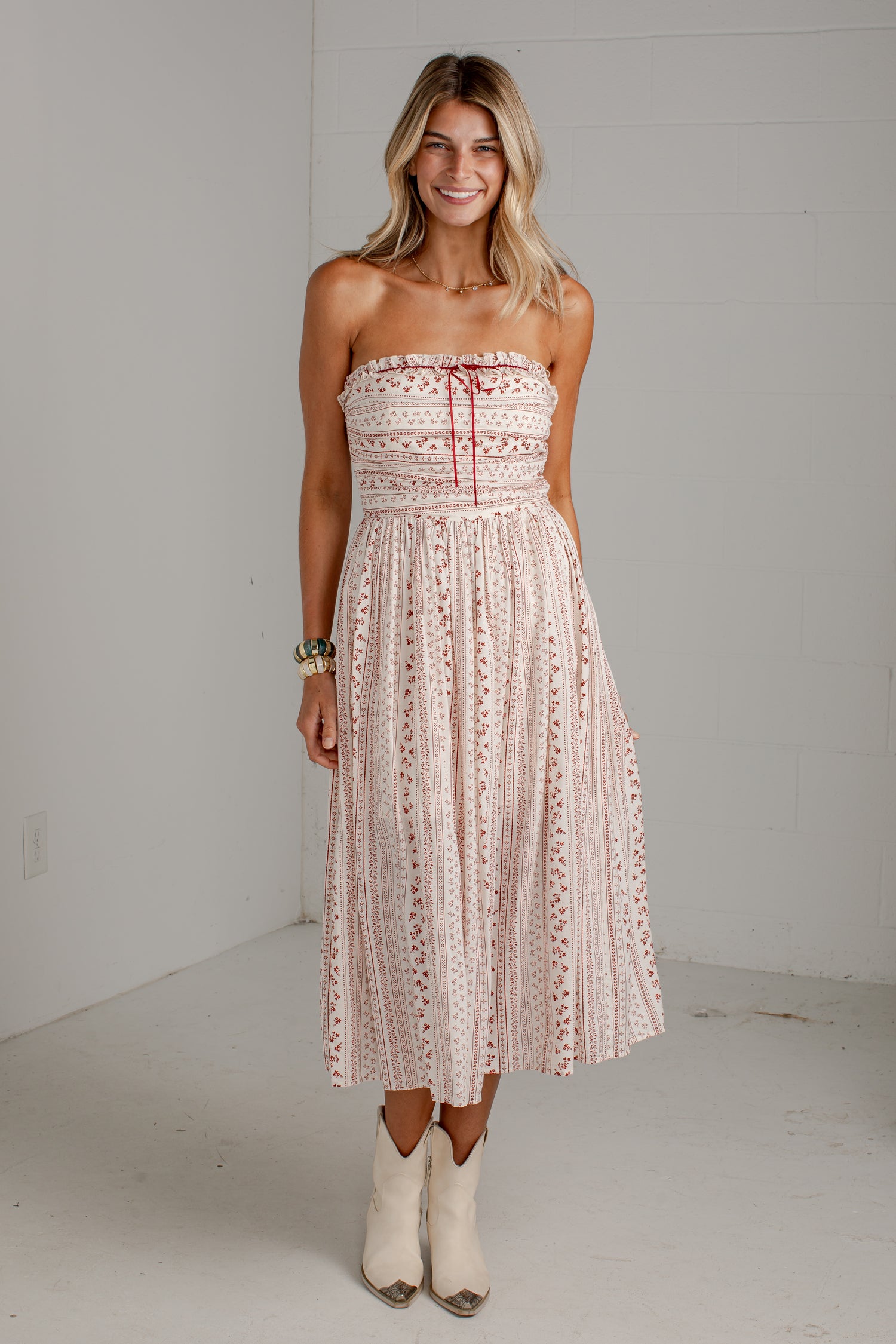 Women's Cream Floral Midi Dress | Trendy Dresses