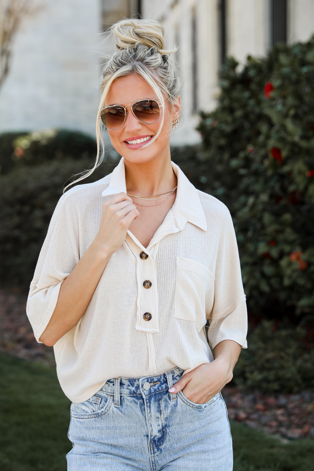 Cream Collared Henley Top