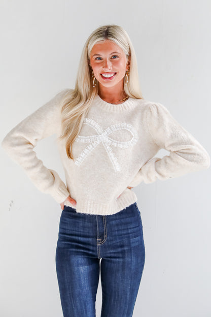 Constantly A Cutie Cream Lace Bow Sweater