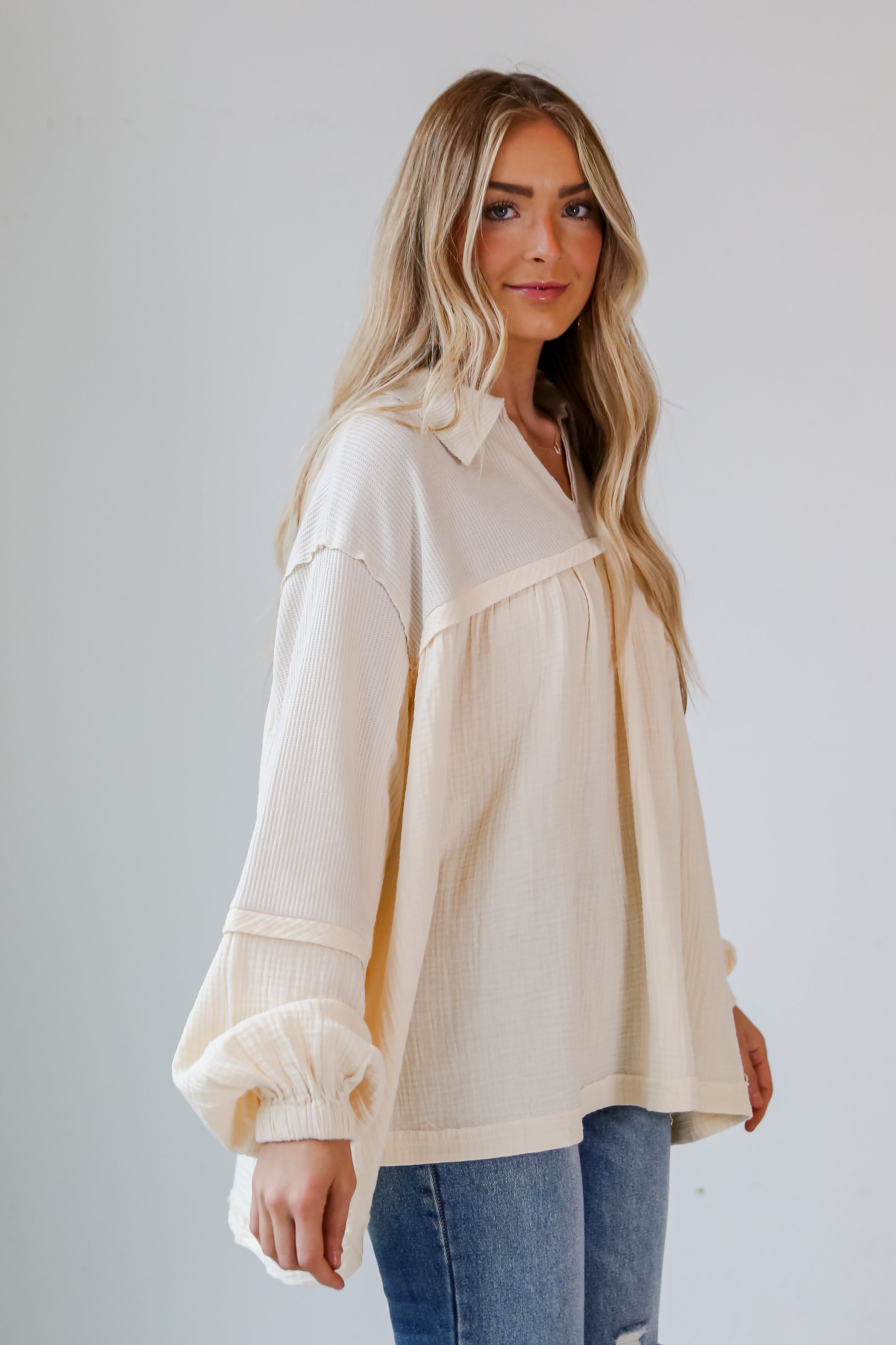 Cream Linen Babydoll Blouse side view