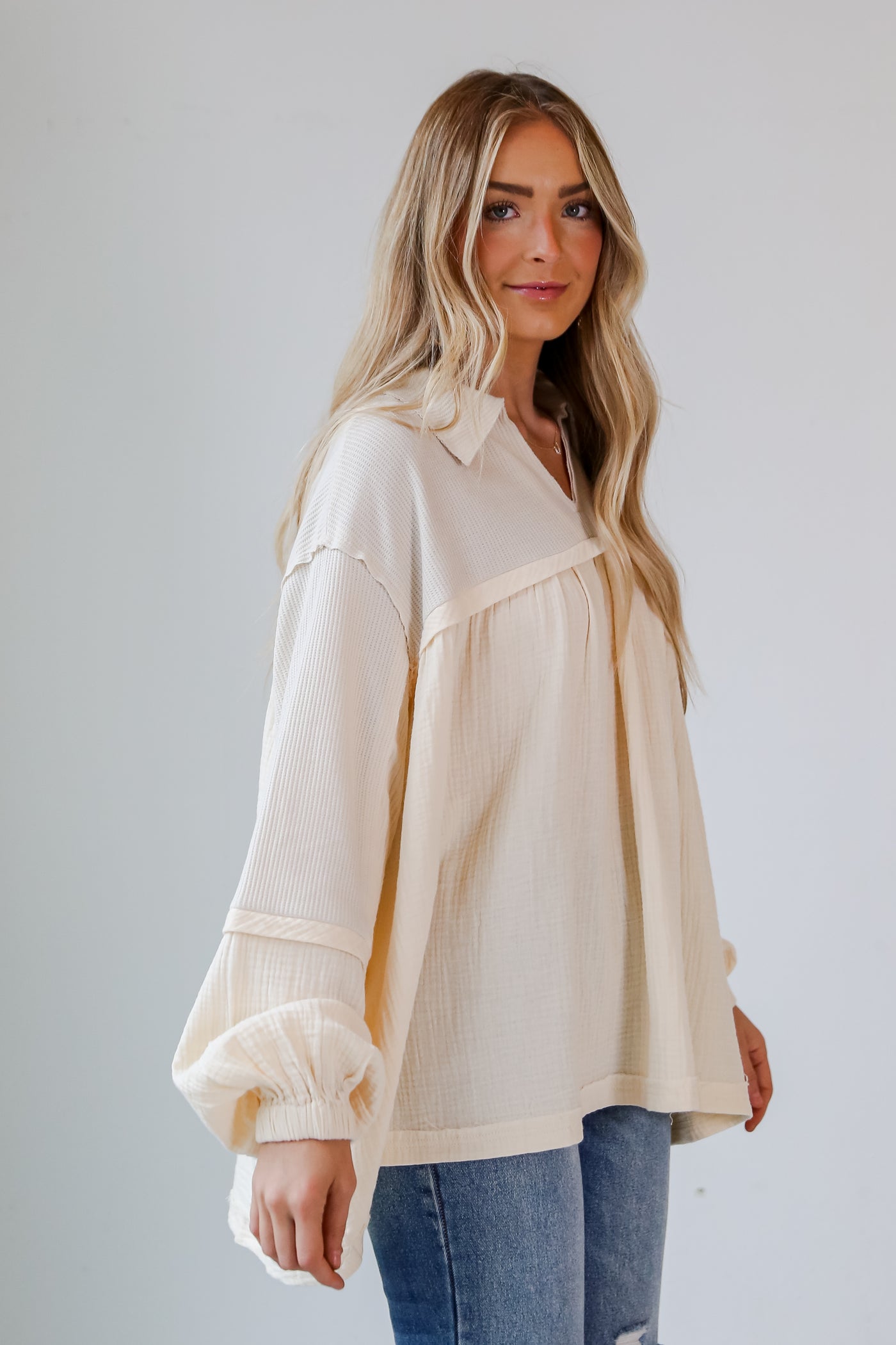 Cream Linen Babydoll Blouse side view