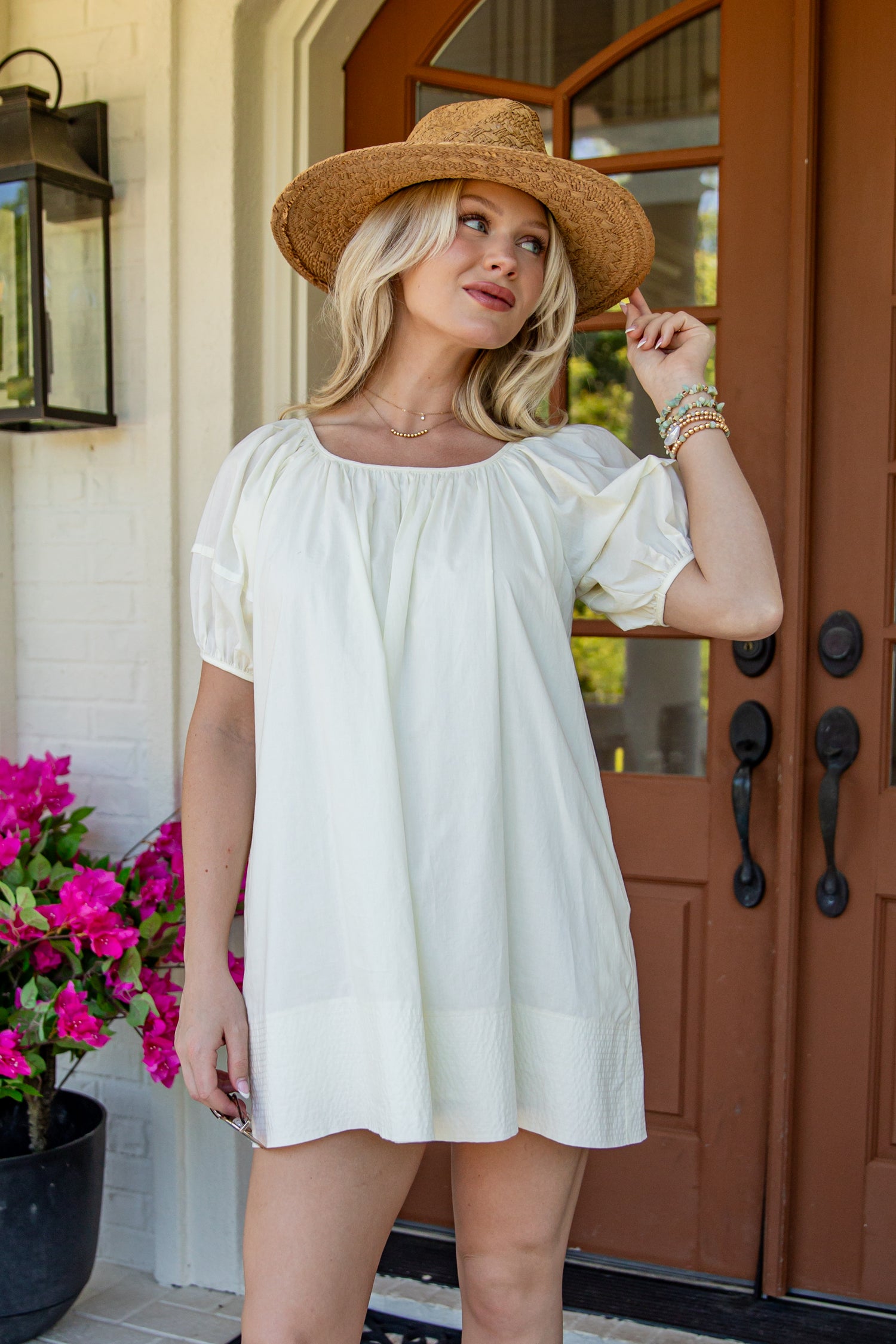 Trendy Cream Puff Sleeve Mini Dress | Cute Women's Dress