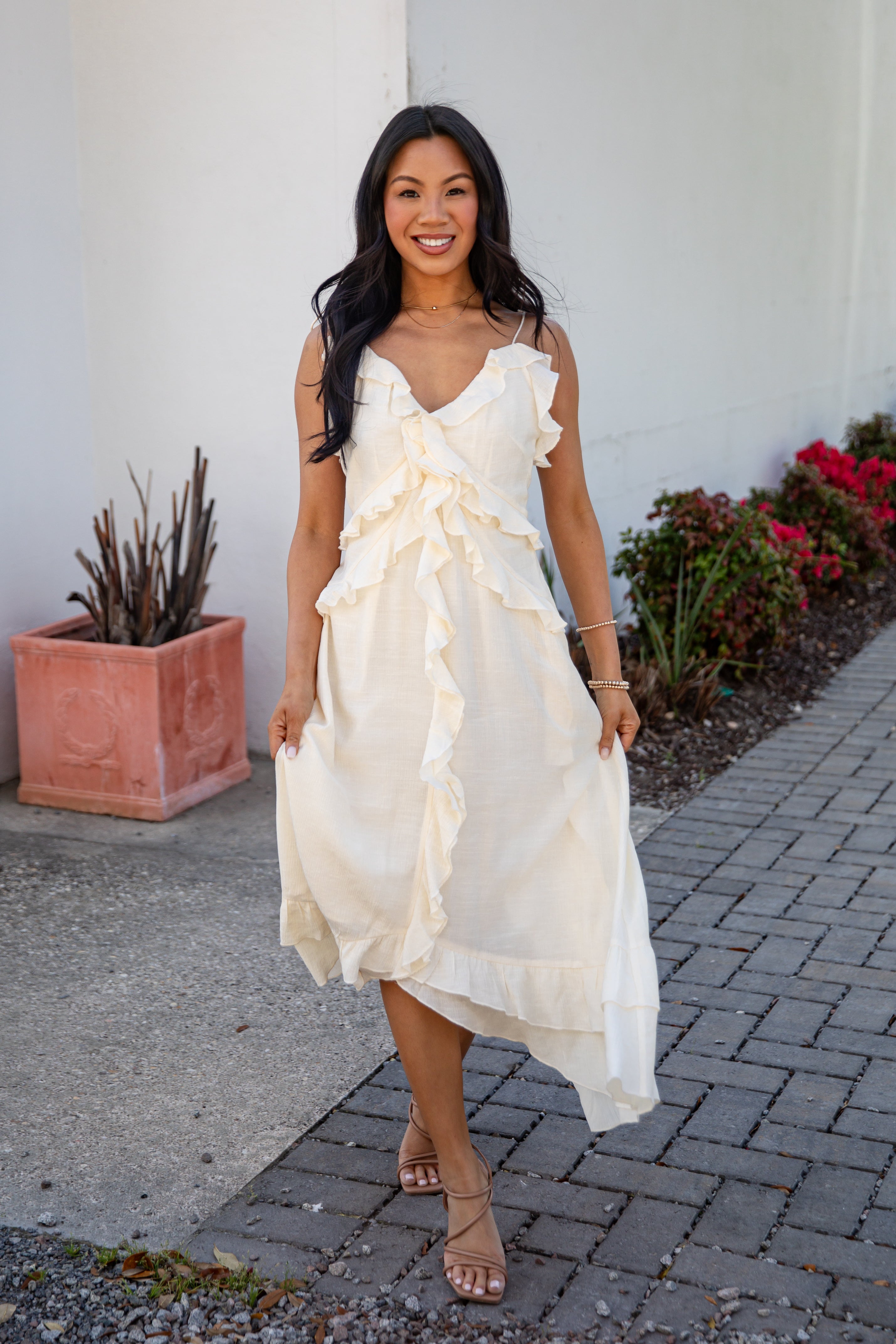 Cream Ruffle Midi Dress | Trendy Women's Dresses