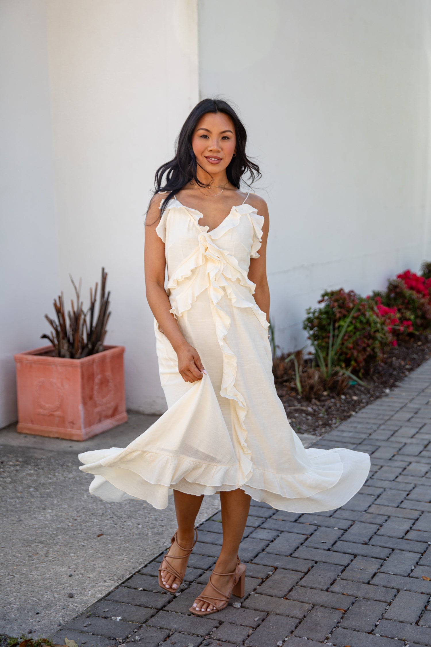 Cream Ruffle Midi Dress | Trendy Women's Dresses
