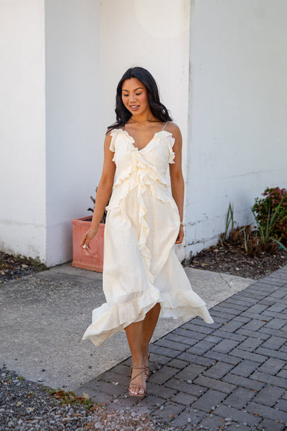 ruffle dress midi Cream Ruffle Midi Dress | Trendy Women's Dresses