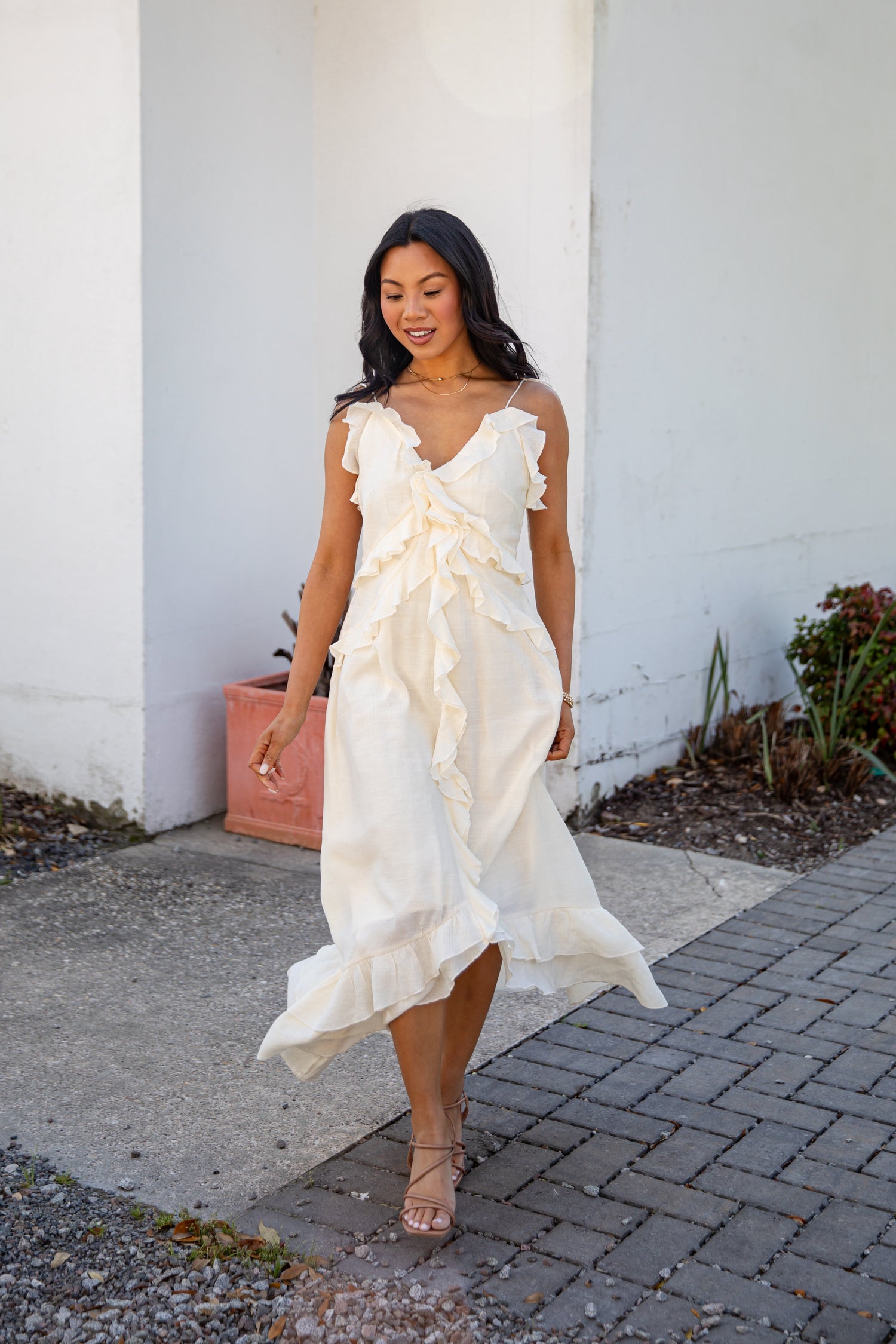 navy blue dress for baby girl Cream Ruffle Midi Dress | Trendy Women's Dresses