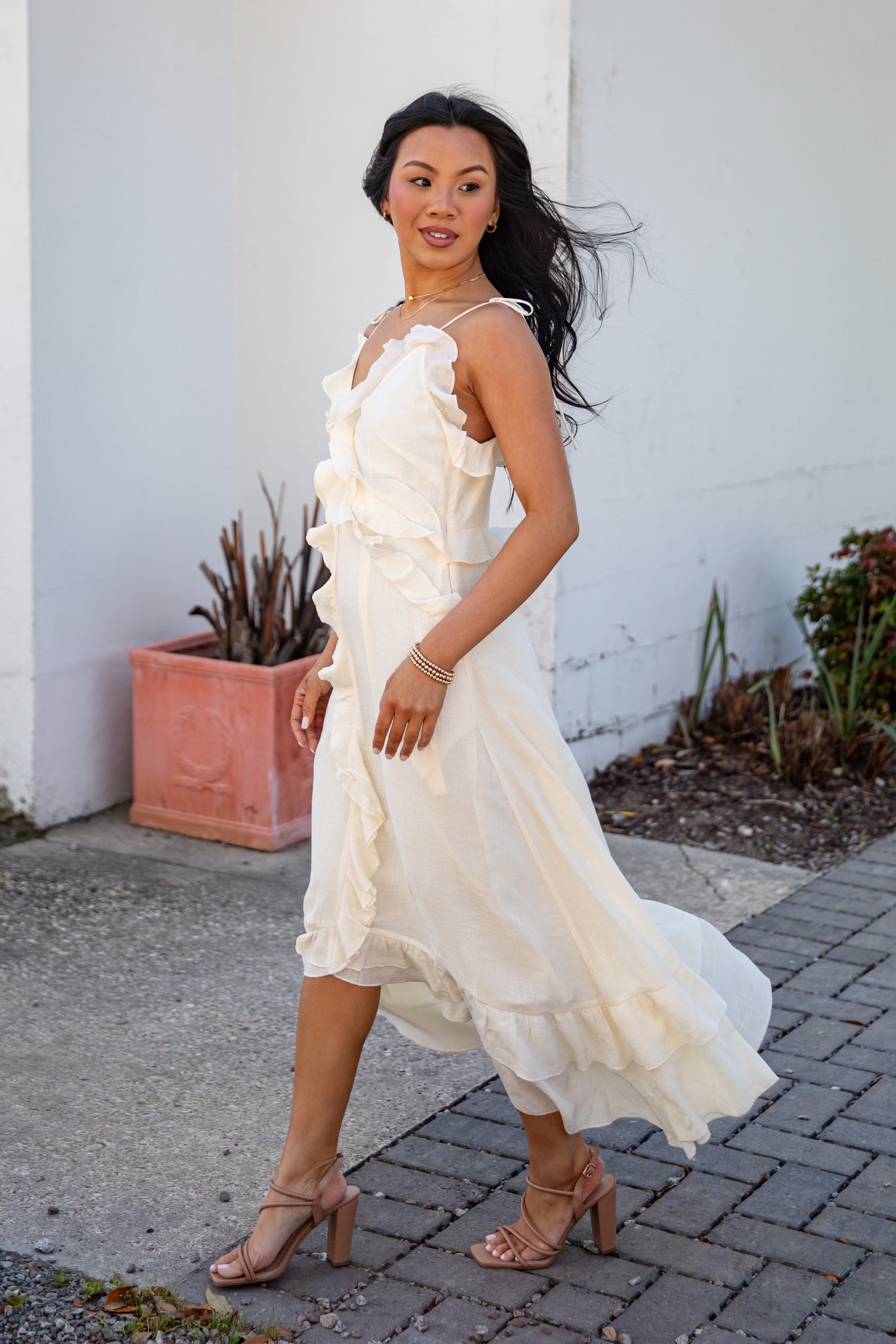 Cream Ruffle Midi Dress | Trendy Women's Dresses