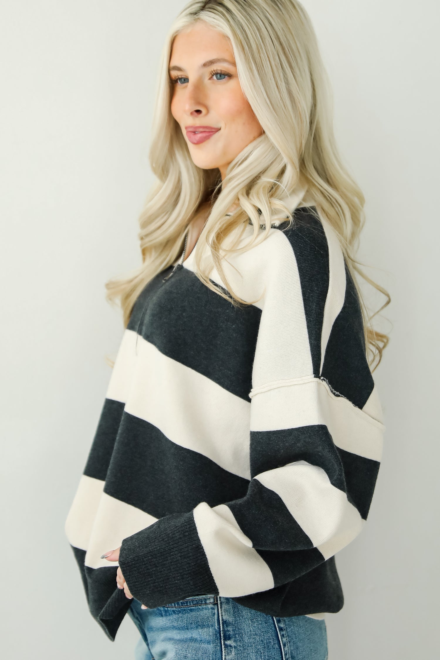 Open Book Cream Striped Collared Sweater