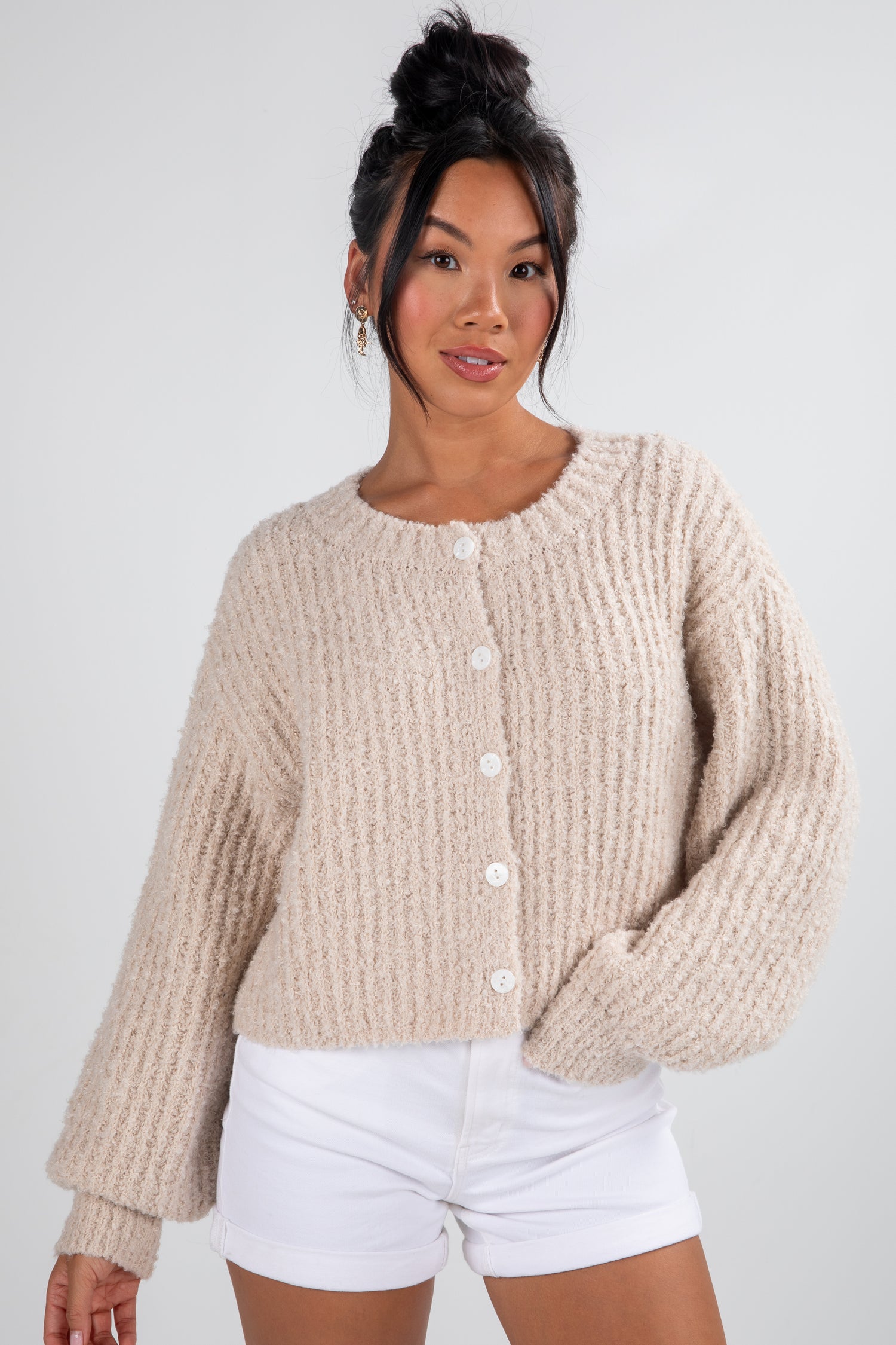 Beige Sweatshirt Cardigan Ladies Cozy Cream Sweater Cardigan