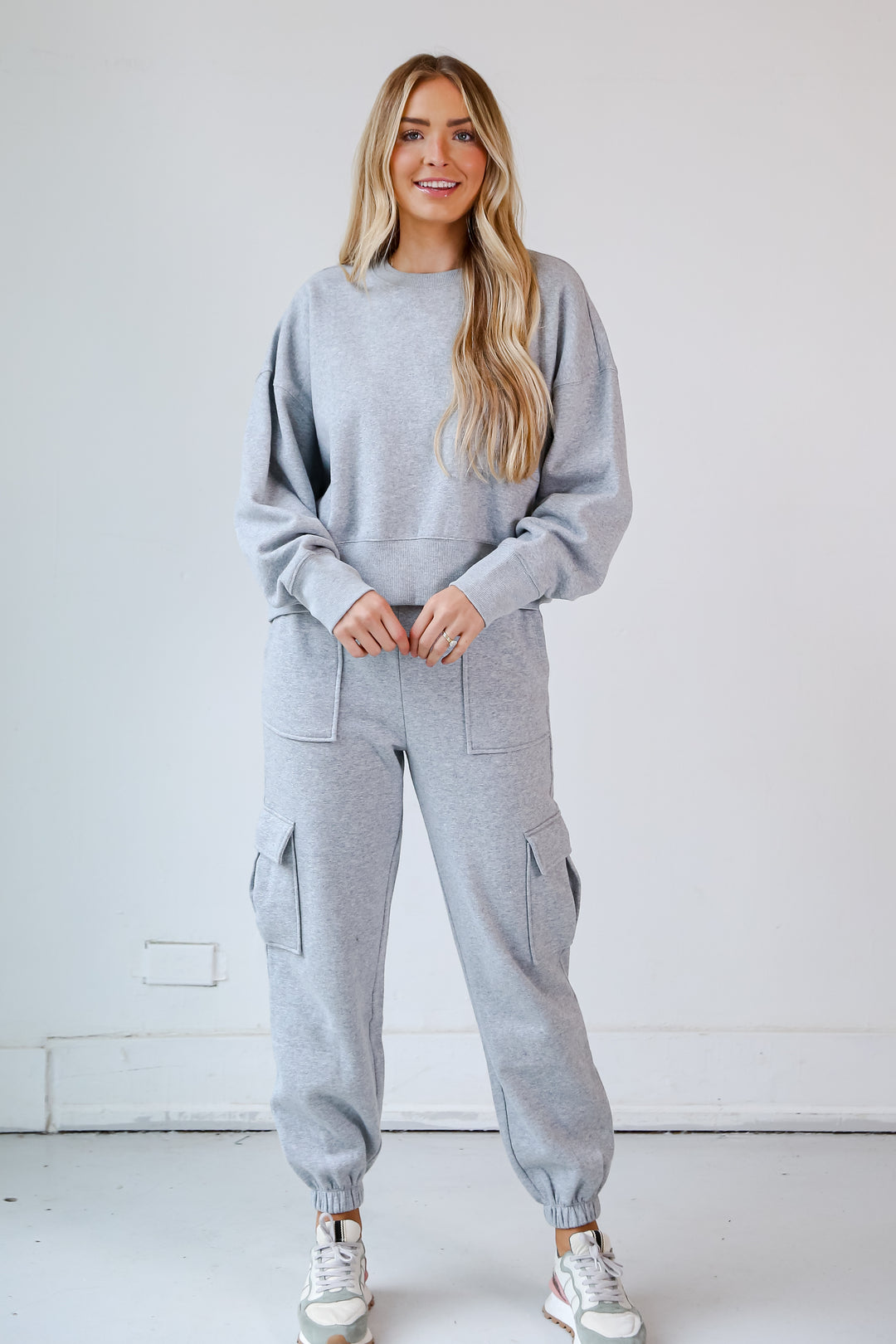 grey Fleece Pullover on model