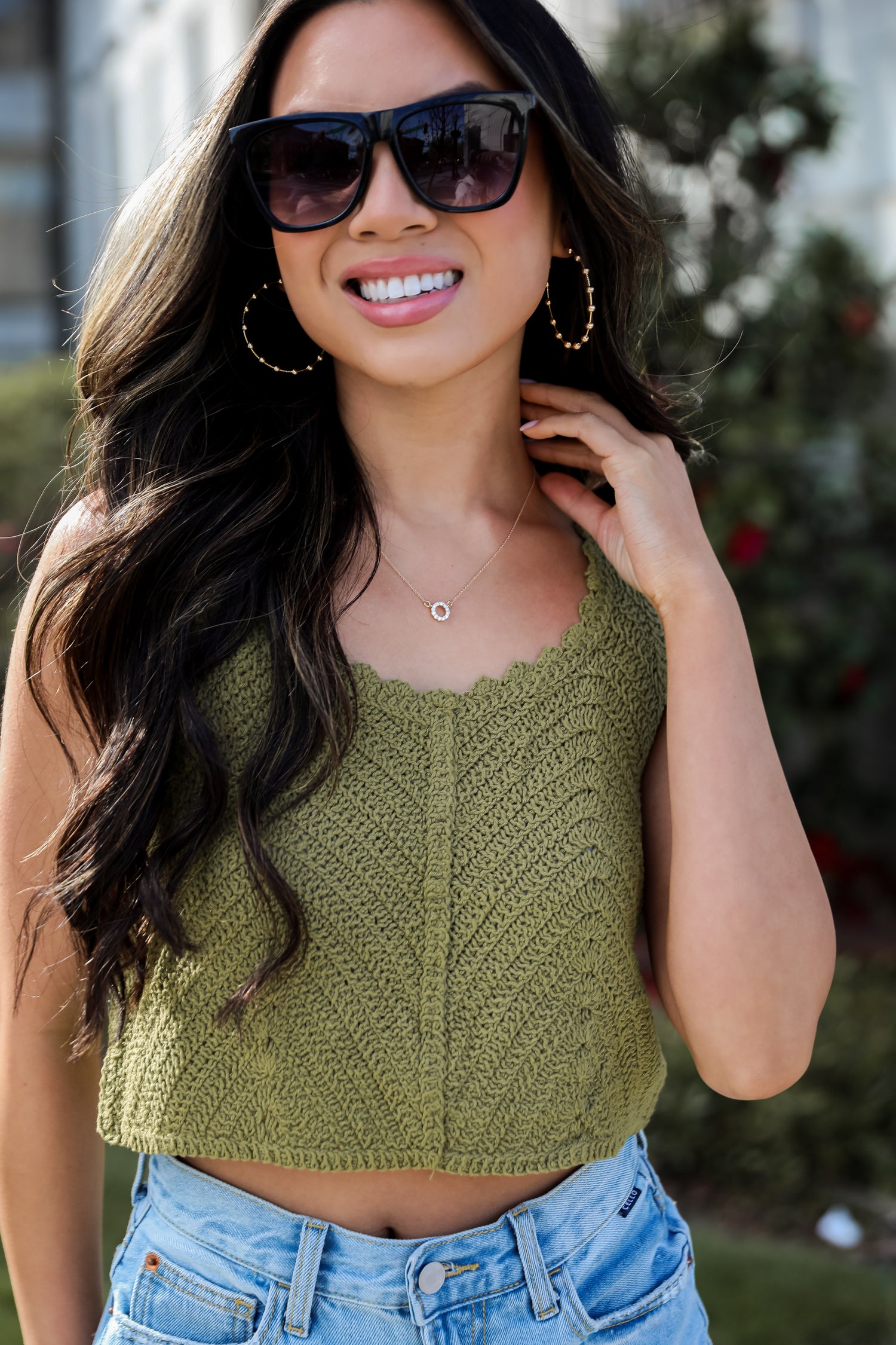 olive Crochet Knit Tank