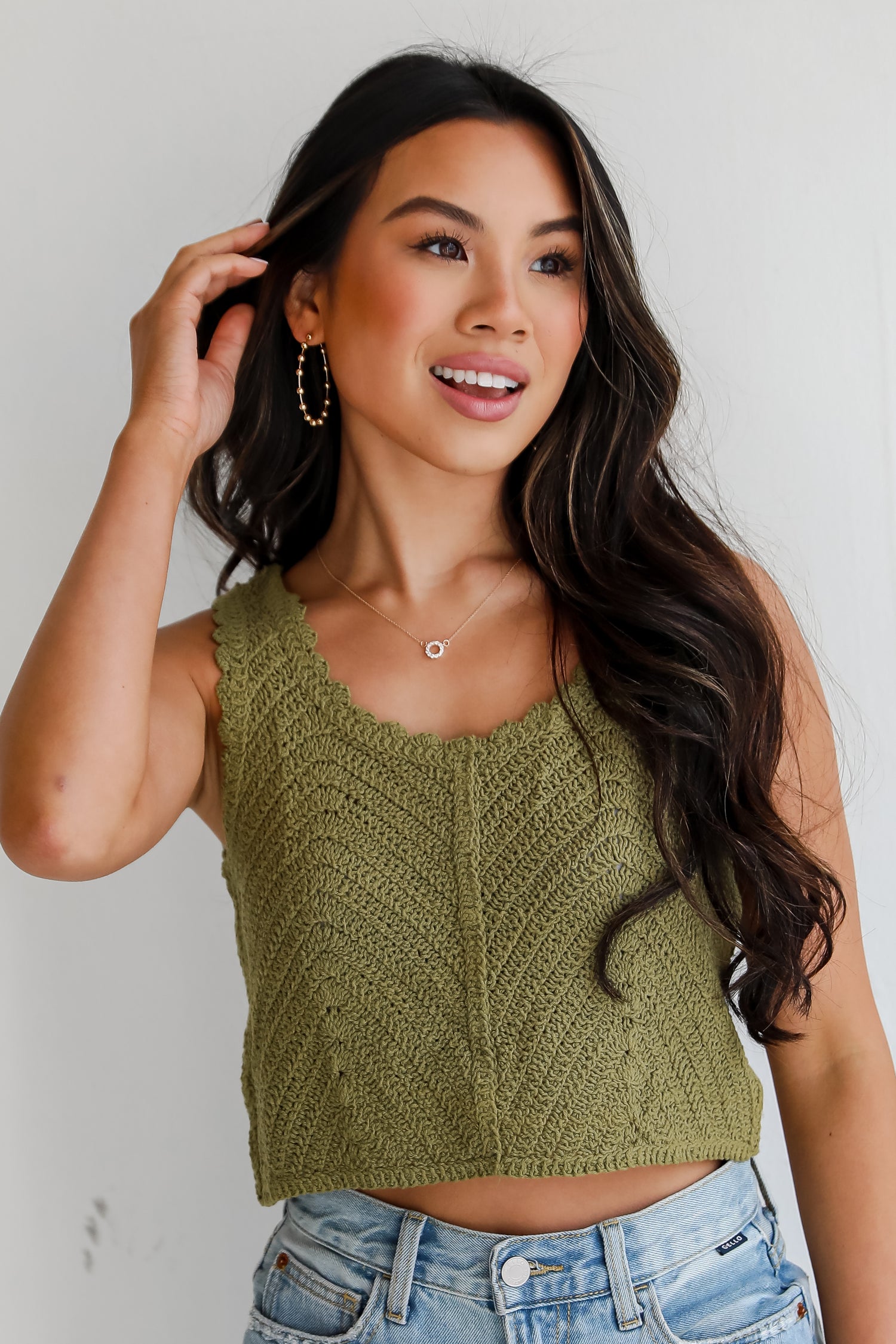 olive Crochet Knit Tank for  women